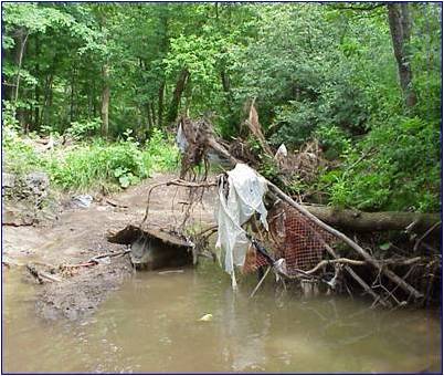 Material thrown in a creek valley instead of appropriate locations.