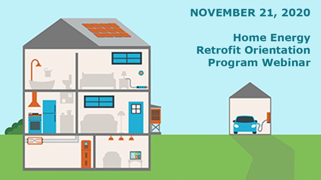 Image of home showing rooms and garage with EV charging to promote HERO program webinar
