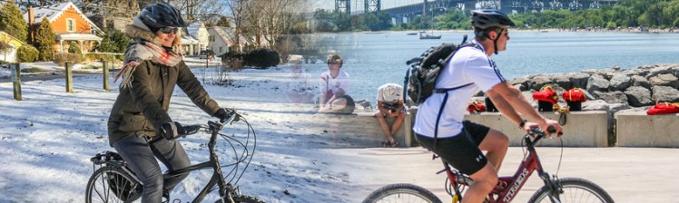 person cycling in winter in half the scene and in the summer in the other half