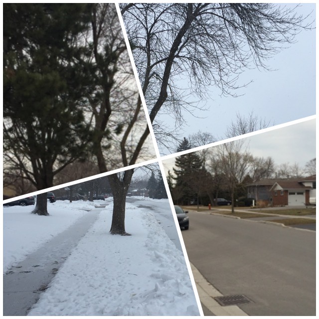 Photo showing the same street with half the photo showing it after a snowfall and half prior to a snowfall.