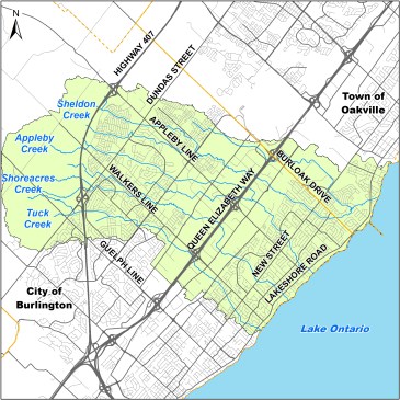 Map showing study area including Tuck, Shoreacres, Appleby and Sheldon Creeks