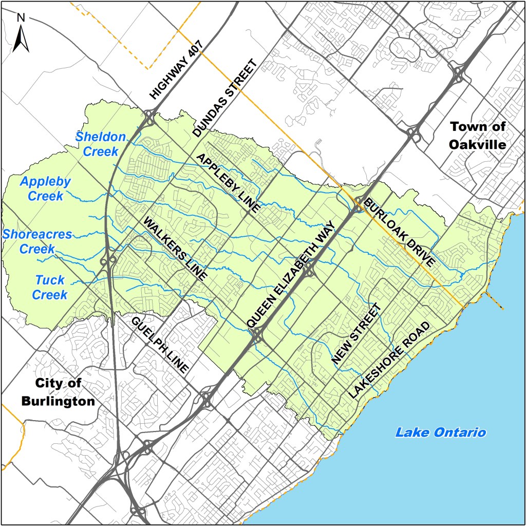 Map showing study area including Tuck, Shoreacres, Appleby and Sheldon Creeks