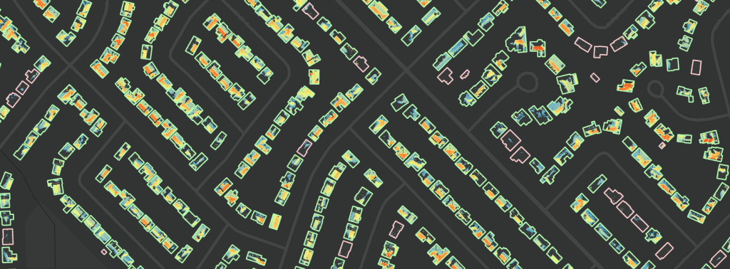 A snip from the Burlington Solar Map showing individual roofs within a Burlington neighbourhood.
