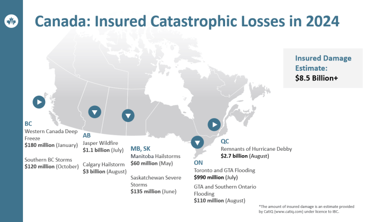 Map of Canada showing locations, dates, events and costs for insured catastrophic losses in 2024